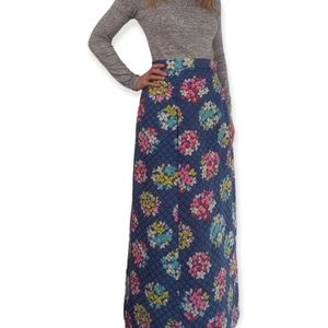 Vintage Blue Floral Maxi Skirt Quilted 60s 27 Waist